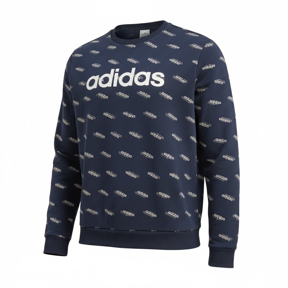 Adidas All Over Logo Sweatshirt Mens XL Navy Blue Long Sleeve Crew Neck Vintage